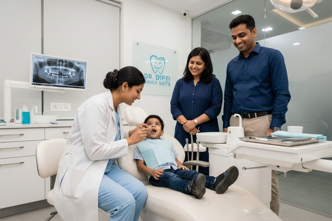 Dentist with happy family patient